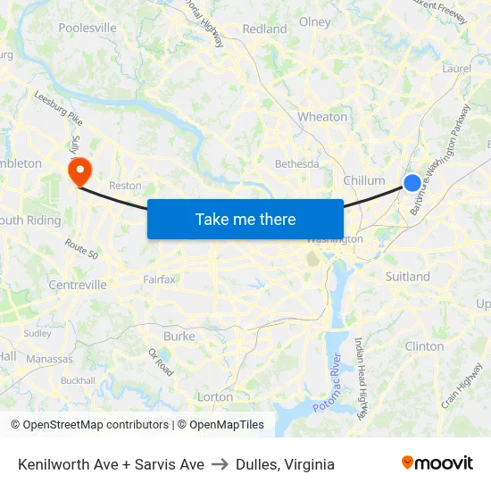Kenilworth Ave + Sarvis Ave to Dulles, Virginia map