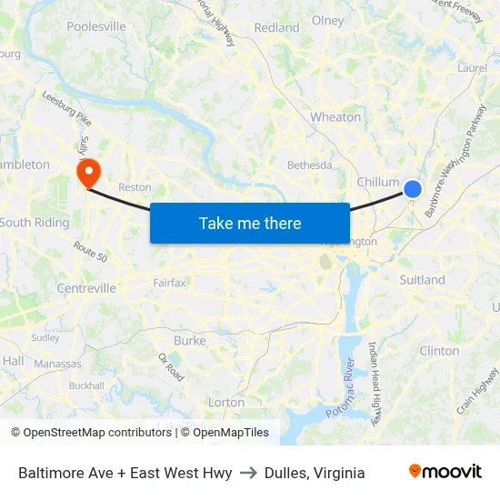 Baltimore Ave + East West Hwy to Dulles, Virginia map