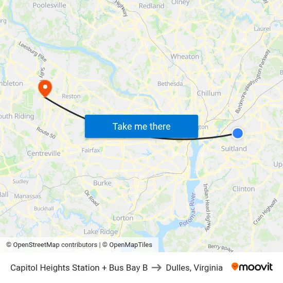 Capitol Heights Station + Bus Bay B to Dulles, Virginia map