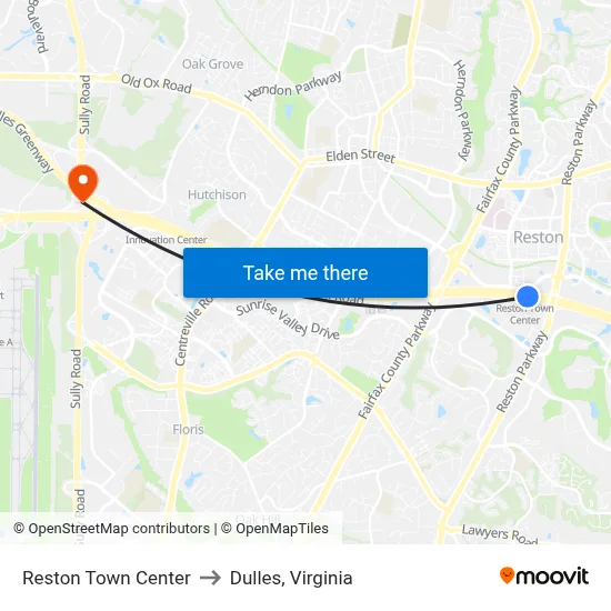 Reston Town Center to Dulles, Virginia map