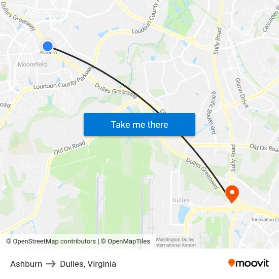 Ashburn to Dulles, Virginia map