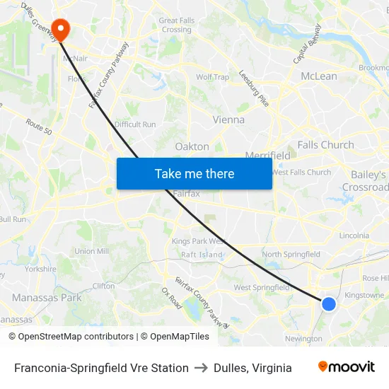 Franconia-Springfield Vre Station to Dulles, Virginia map