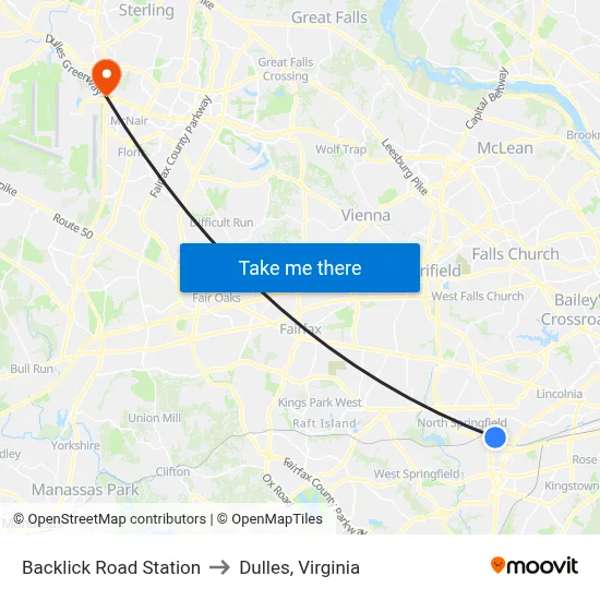 Backlick Road Station to Dulles, Virginia map