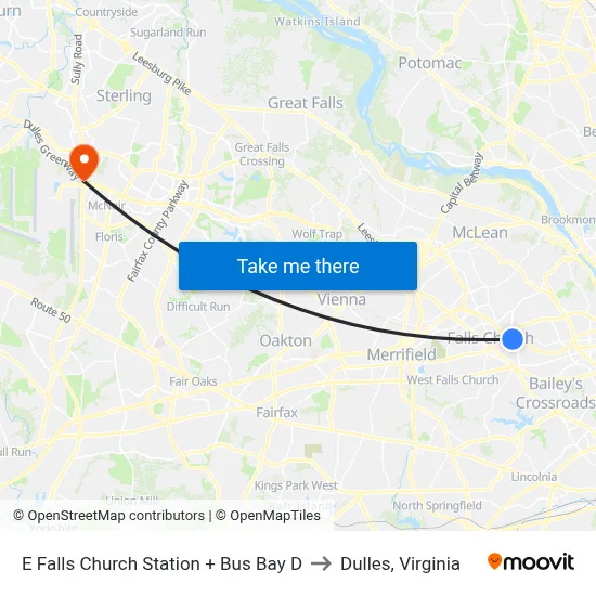 E Falls Church Station + Bus Bay D to Dulles, Virginia map