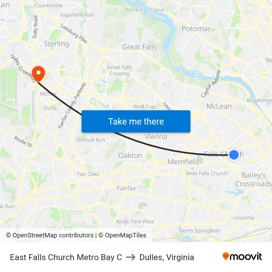 East Falls Church Metro Bay C to Dulles, Virginia map