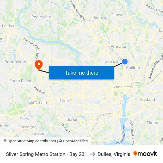 Silver Spring Metro Station - Bay 231 to Dulles, Virginia map