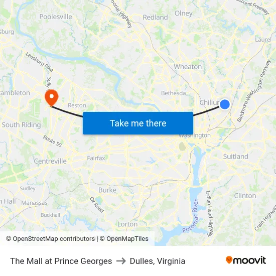 The Mall at Prince Georges to Dulles, Virginia map