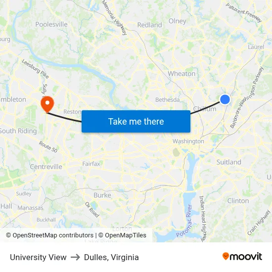 University View to Dulles, Virginia map