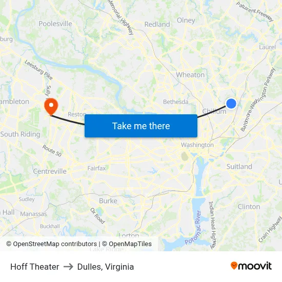 Hoff Theater to Dulles, Virginia map