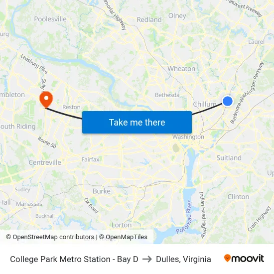 College Park Metro Station - Bay D to Dulles, Virginia map