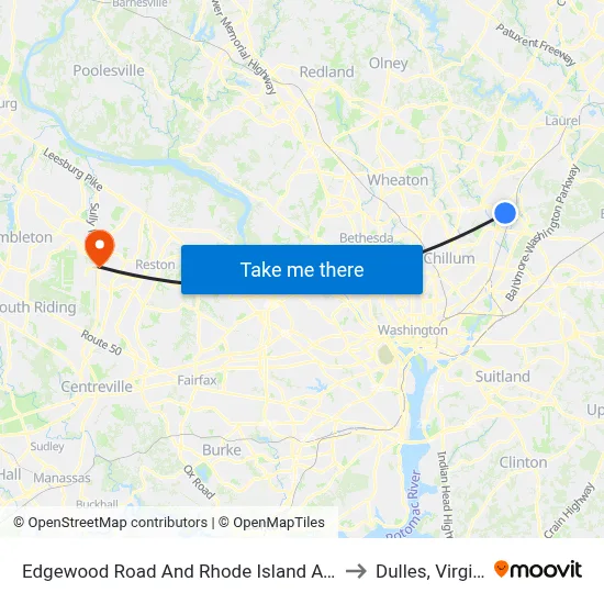 Edgewood Road And Rhode Island Avenue to Dulles, Virginia map