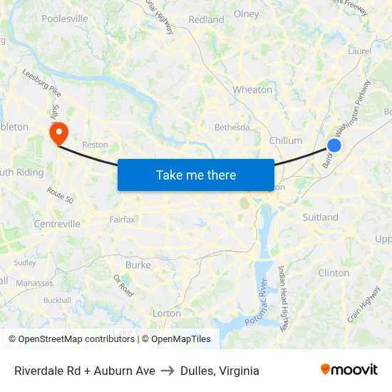 Riverdale Rd + Auburn Ave to Dulles, Virginia map