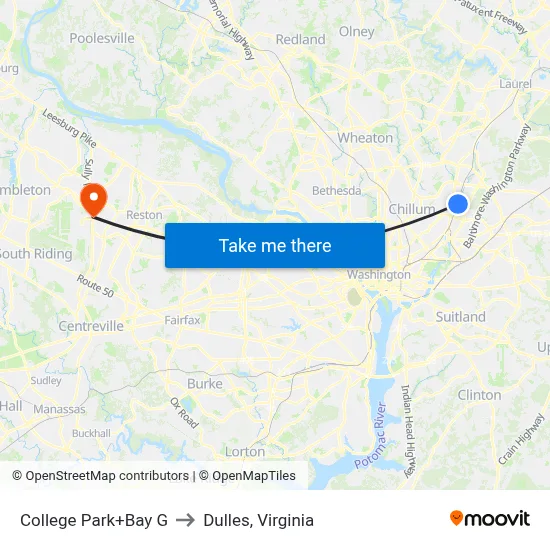 College Park+Bay G to Dulles, Virginia map