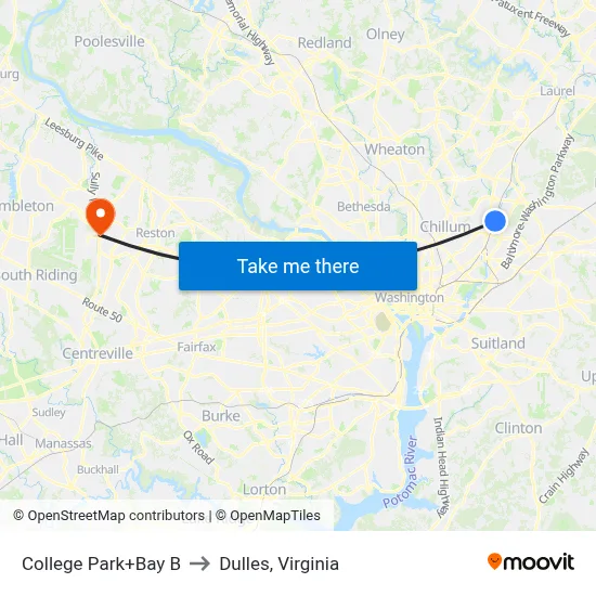 College Park+Bay B to Dulles, Virginia map
