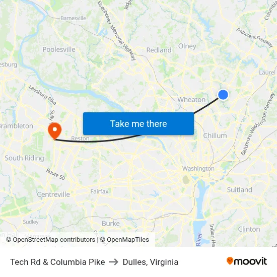 Tech Rd & Columbia Pike to Dulles, Virginia map