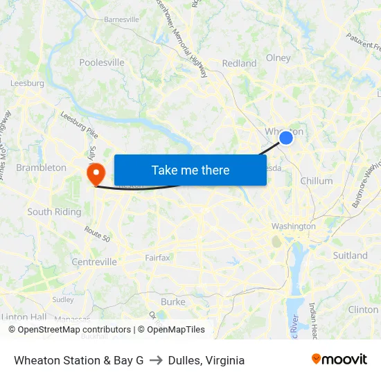 Wheaton Station & Bay G to Dulles, Virginia map