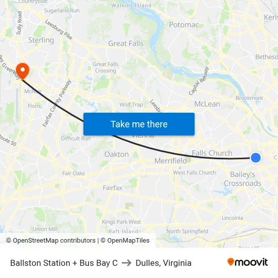 Ballston Station + Bus Bay C to Dulles, Virginia map