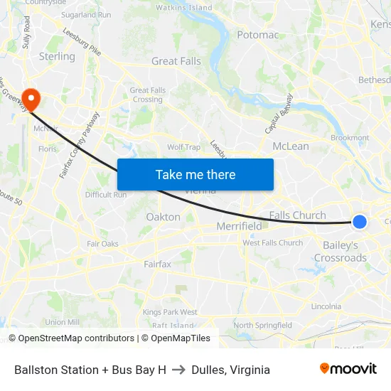 Ballston Station + Bus Bay H to Dulles, Virginia map