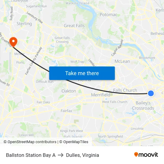 Ballston Station Bay A to Dulles, Virginia map