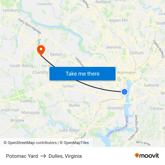 Potomac Yard to Dulles, Virginia map