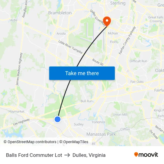 Balls Ford Commuter Lot to Dulles, Virginia map