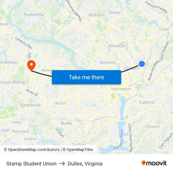 Stamp Student Union to Dulles, Virginia map