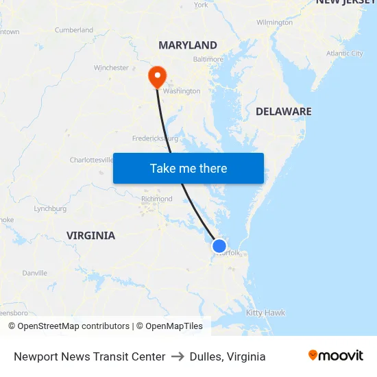 Newport News Transit Center to Dulles, Virginia map