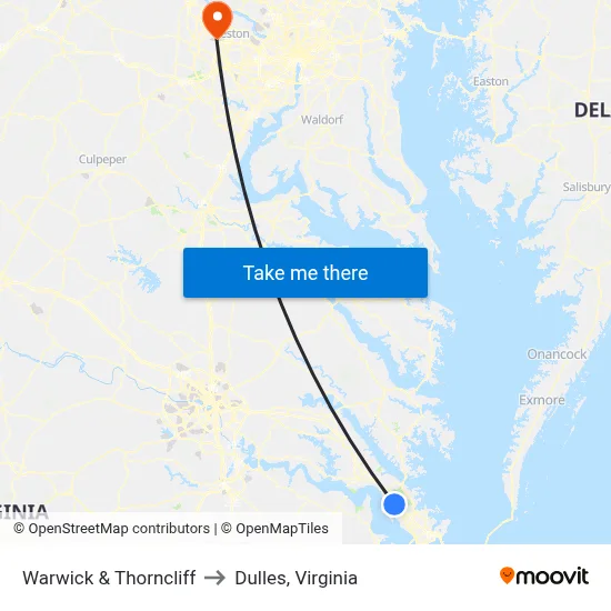 Warwick & Thorncliff to Dulles, Virginia map