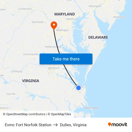 Evmc Fort Norfolk Station to Dulles, Virginia map