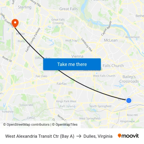 West Alexandria Transit Ctr (Bay A) to Dulles, Virginia map