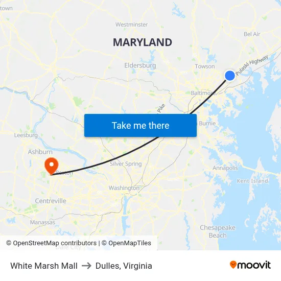 White Marsh Mall to Dulles, Virginia map