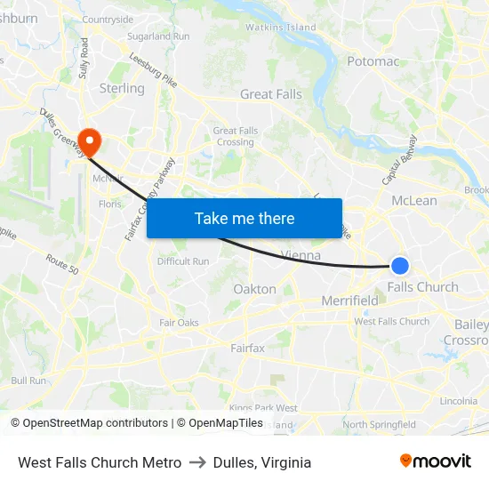 West Falls Church Metro to Dulles, Virginia map