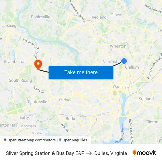 Silver Spring Station & Bus Bay E&F to Dulles, Virginia map