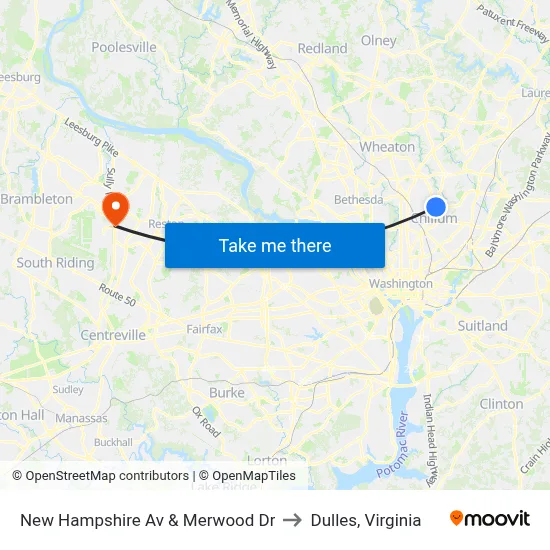 New Hampshire Av & Merwood Dr to Dulles, Virginia map