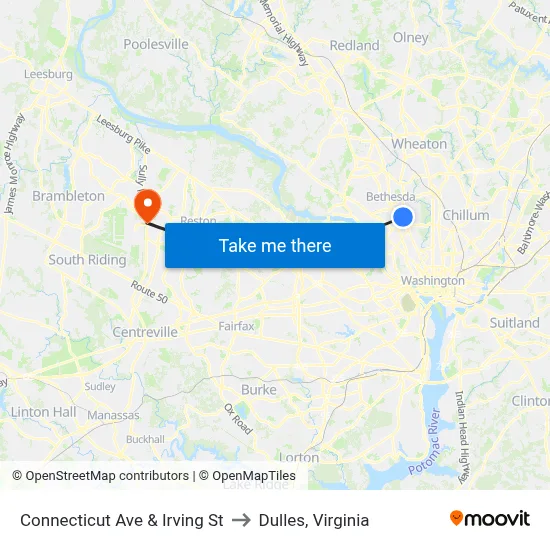 Connecticut Ave & Irving St to Dulles, Virginia map