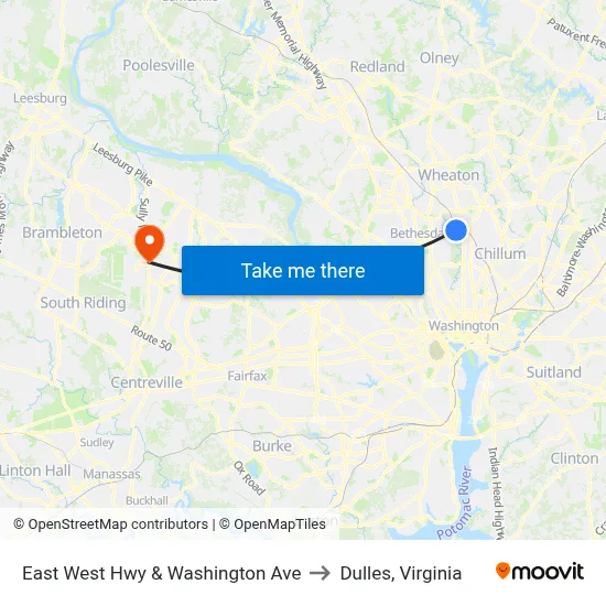 East West Hwy & Washington Ave to Dulles, Virginia map
