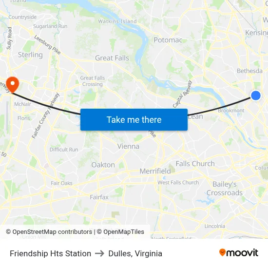 Friendship Hts Station to Dulles, Virginia map