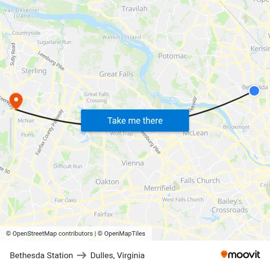 Bethesda Station to Dulles, Virginia map