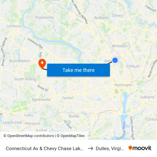 Connecticut Av & Chevy Chase Lake Dr to Dulles, Virginia map