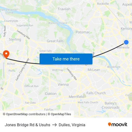 Jones Bridge Rd & Usuhs to Dulles, Virginia map