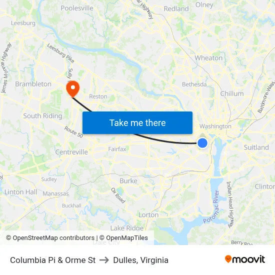 Columbia Pi & Orme St to Dulles, Virginia map