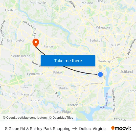S Glebe Rd & Shirley Park Shopping to Dulles, Virginia map