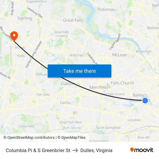 Columbia Pi & S Greenbrier St to Dulles, Virginia map