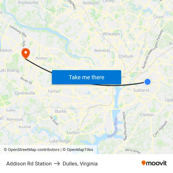 Addison Rd Station to Dulles, Virginia map