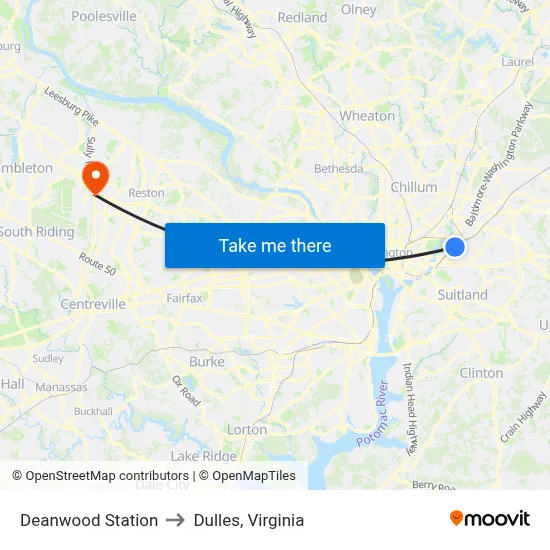 Deanwood Station to Dulles, Virginia map