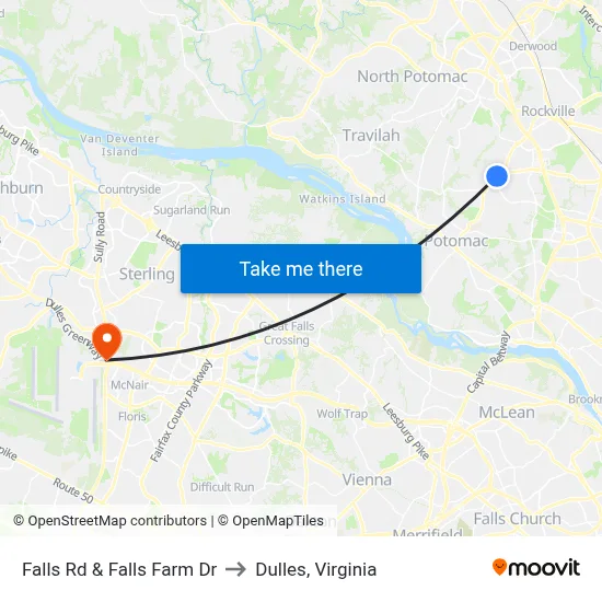 Falls Rd & Falls Farm Dr to Dulles, Virginia map