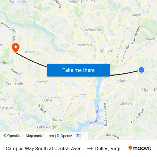 Campus Way South at Central Avenue to Dulles, Virginia map