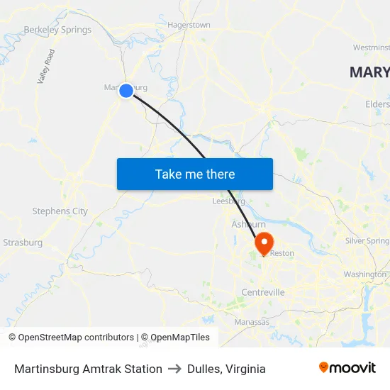 Martinsburg Amtrak Station to Dulles, Virginia map