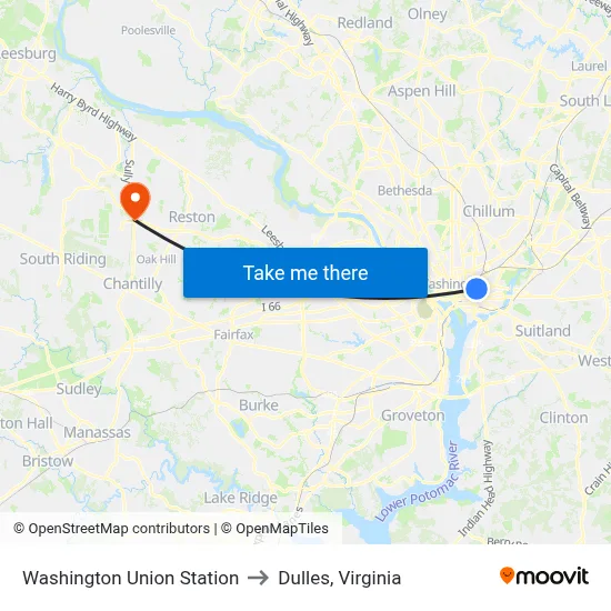Washington Union Station to Dulles, Virginia map