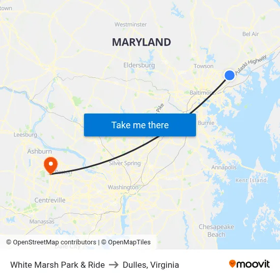 White Marsh Park & Ride to Dulles, Virginia map